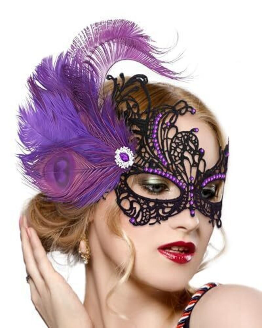 4765 Feather Purple Masquerade Mask - Halloween Lace Eyemask with Removable